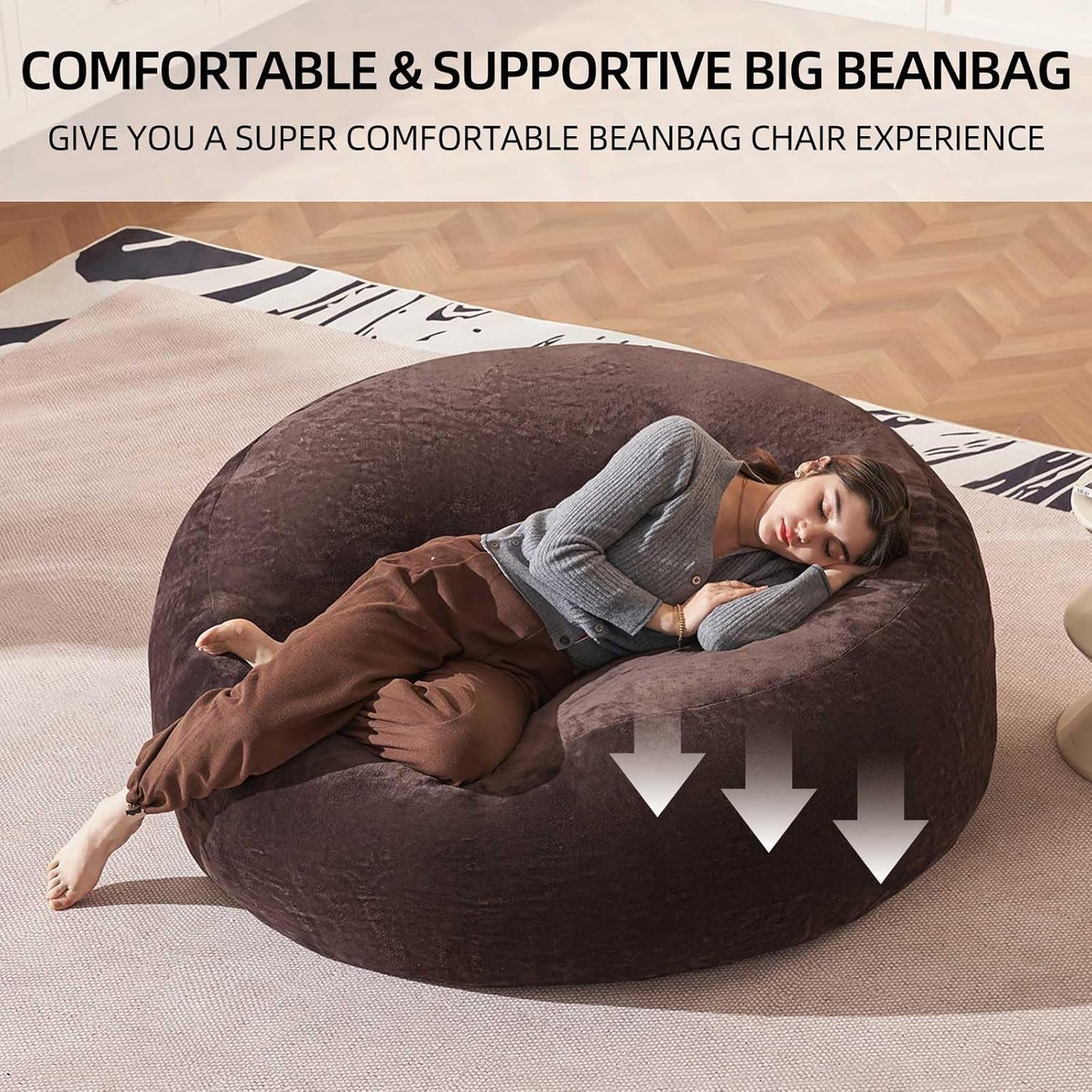 Bean Bag Chair 4Ft, Memory Foam Filled, Large Beanbag Chairs for Adults and Teens, Soft Sofa with Removable Flannel Cover, Round Couch for Living Room Bedroom College Dorm (Brown, 4FT-47×47"×24")