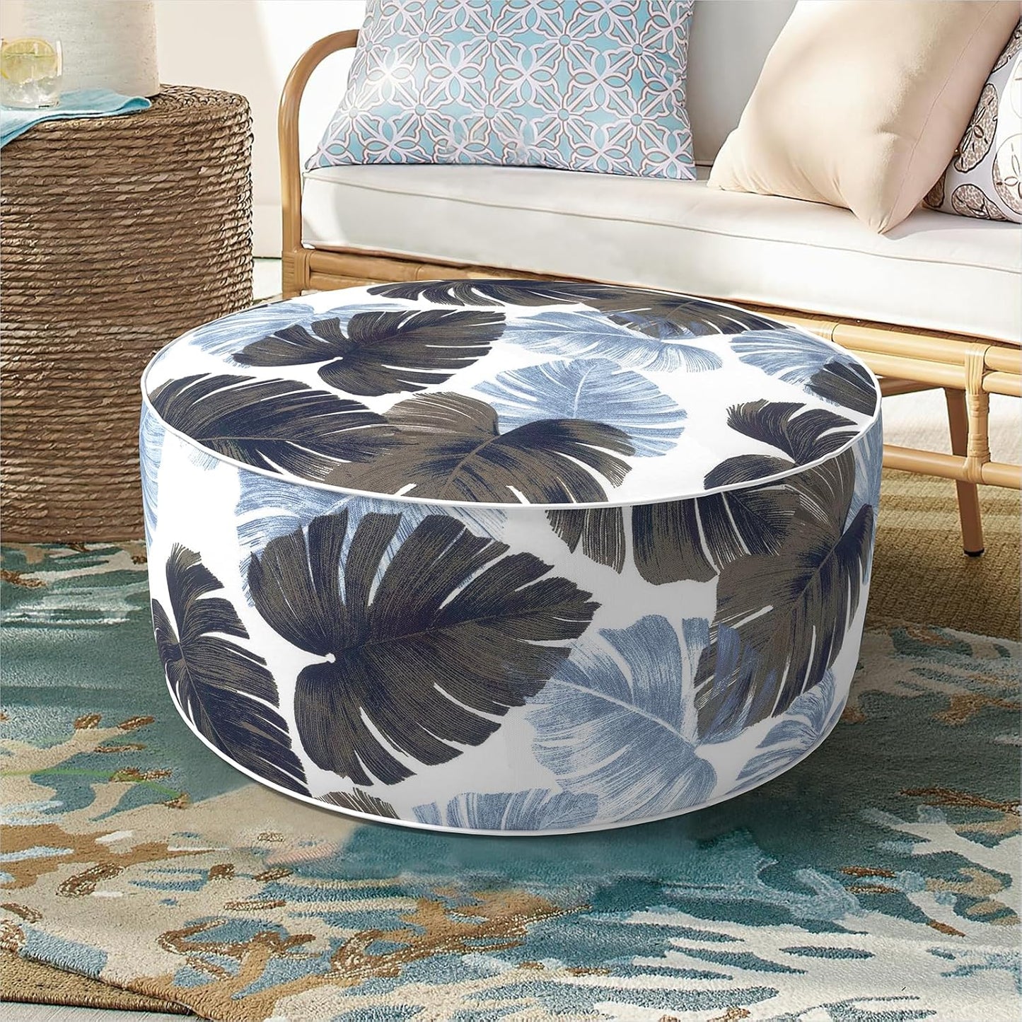 Inflatable Ottoman Stool D21 xH9 for Outdoor/Indoor Use, Water Repellent Patio Foot Rest Stool with Portable Handle,Round Pouf Ottoman Suitable for Garden,Deck and Camping - Monstera Blue