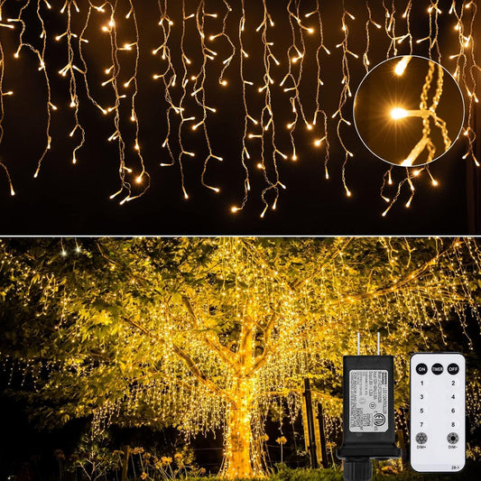 Brightown Icicle Lights Outdoor, 2 Packs Total 132Ft with 276 Drops, 1472 LED Icicle Christmas Lights with Timer, Warm White