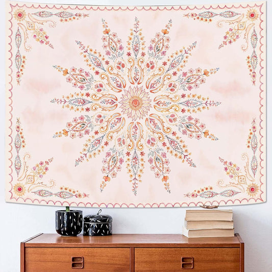 Fowocu Boho Floral Mandala Tapestry for Bedroom Aesthetic Pink Bohemian Flower Wall Tapestry Watercolor Hippie Indian Small Tapestries Wall Hanging for Living Room Dorm Decor 48 x 36 Inch