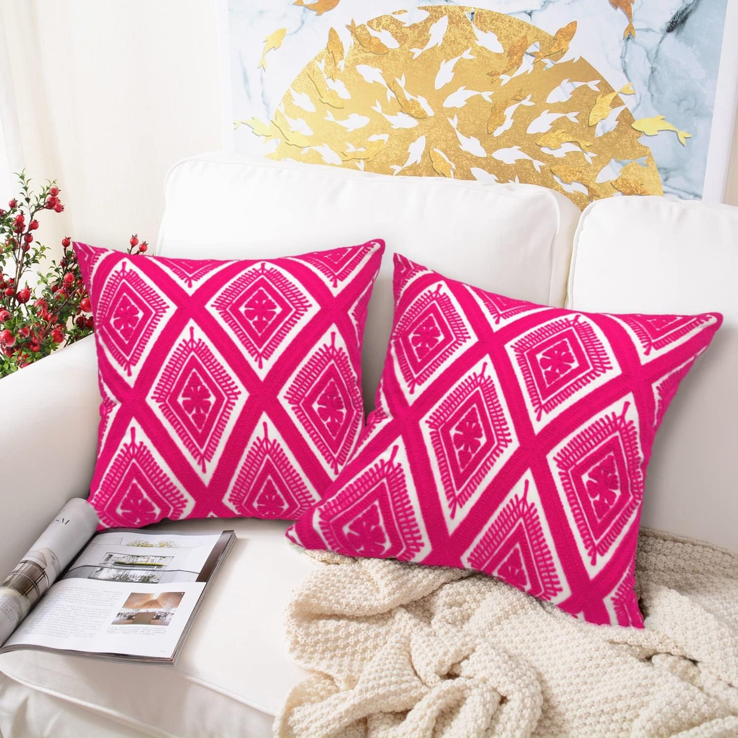 Alysheer Embroidered Decorative Throw Pillow Covers 18x18 inches Set of 2 Pieces, Boho Geometric Modern Chic Classic Pattern Cotton Cushion Cases for Sofa Couch Bed Living Room(Bright Hot Pink)