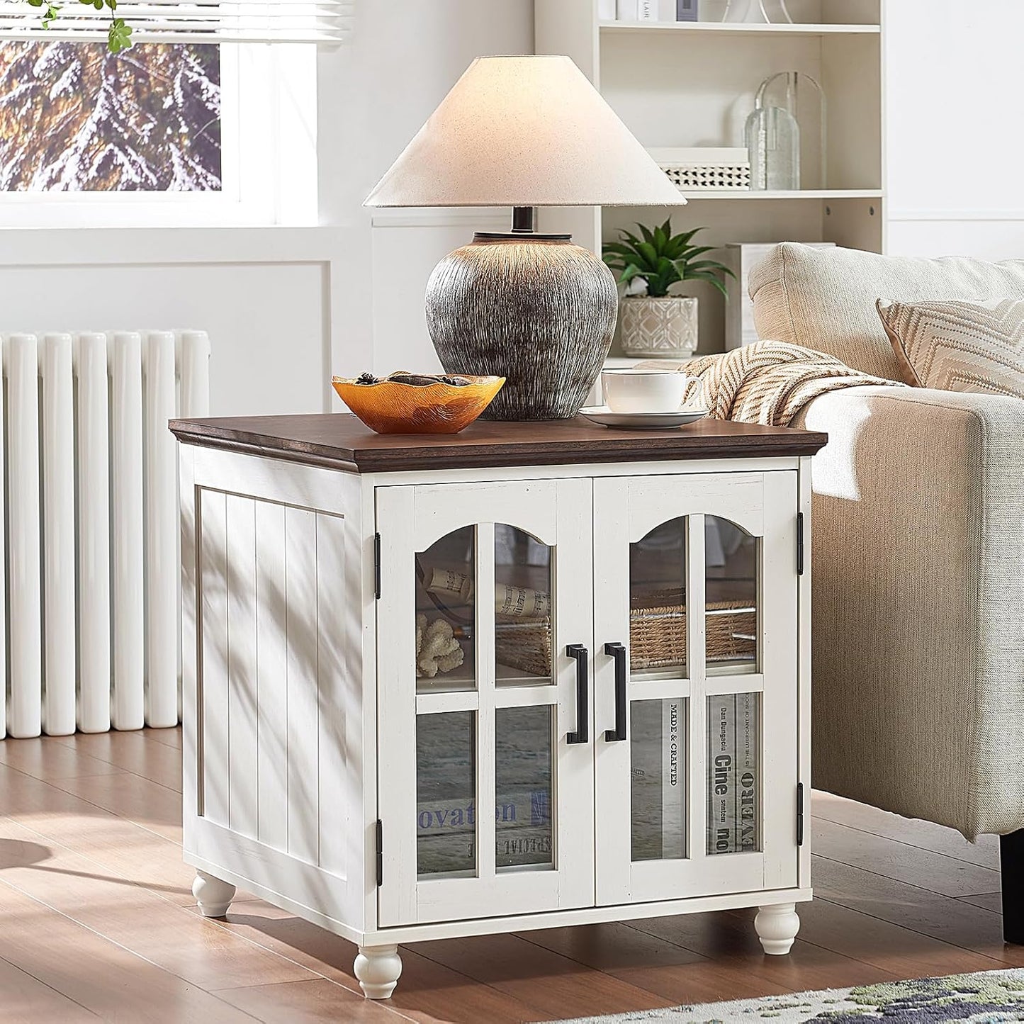 Farmhouse 24" End Table Set of 2 with Charging Station, Large Sofa Side Table with Glass Barn Door,Wood Night Stand with Adjustable Storage Shelf,Square Bedside Table for Living Room,Bedroom