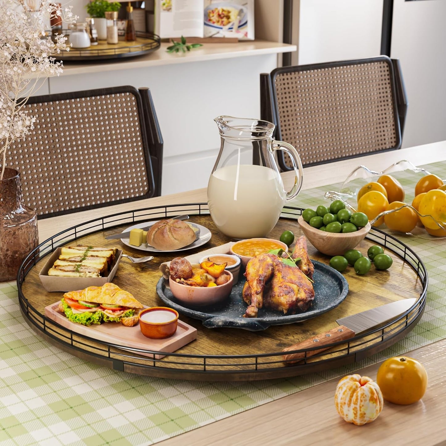 Lazy Susan Turntable Organizer for Table Top, 24’’ Round Wooden Lazy Susan for Cabinet Kitchen Countertop Pantry Dining Coffee Table for Condiments Spices, Rustic Bathroom Vanity Tray for Soap Candle