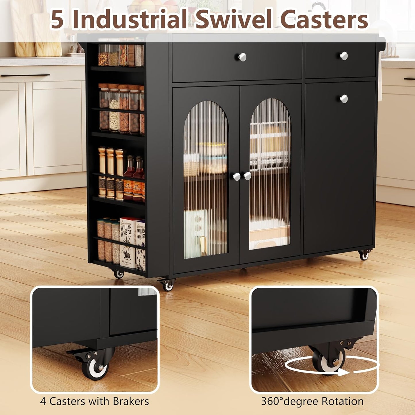 Kitchen Island with Drop Leaf & Power Outlet, Rolling Kitchen Island on Wheels with Trash Can Storage, Island Table Bar Cart with Spice Rack, Towel Rack, Drawers, Mobile Kitchen Carts on Wheels