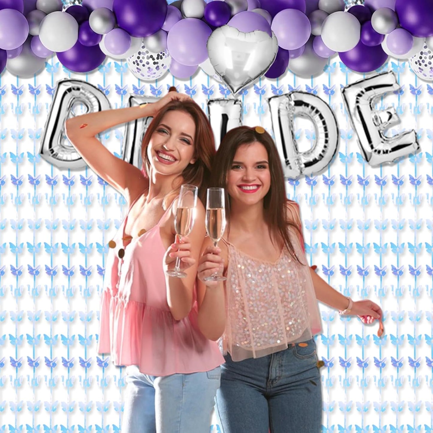 BRAVESHINE Iridescent Hanging Butterfly Foil Fringe Curtain - 2 Pack 3.2x6.6ft Holographic Party Streamers Backdrop for Baby/Bridal Shower/Mermaid/Frozen/Fairy/Princess/Butterfly Birthdays Decorations