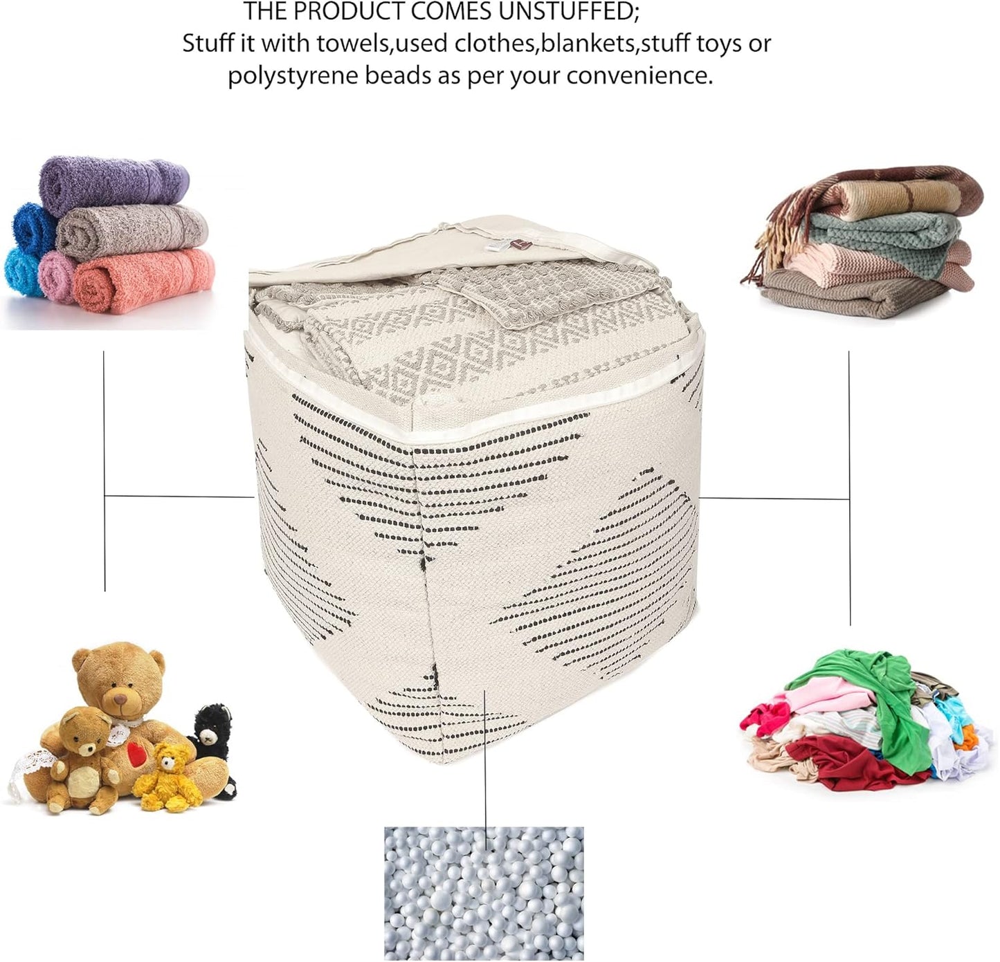 REDEARTH · UNSTUFFED Pouf Ottoman Cover Textured Boho Storage Square Home Decor Poof Pouffe Space Saver Footrest for Living Room, Bedroom, Nursery, Kidsroom; 100% Cotton (18"x18"x18"; Black)