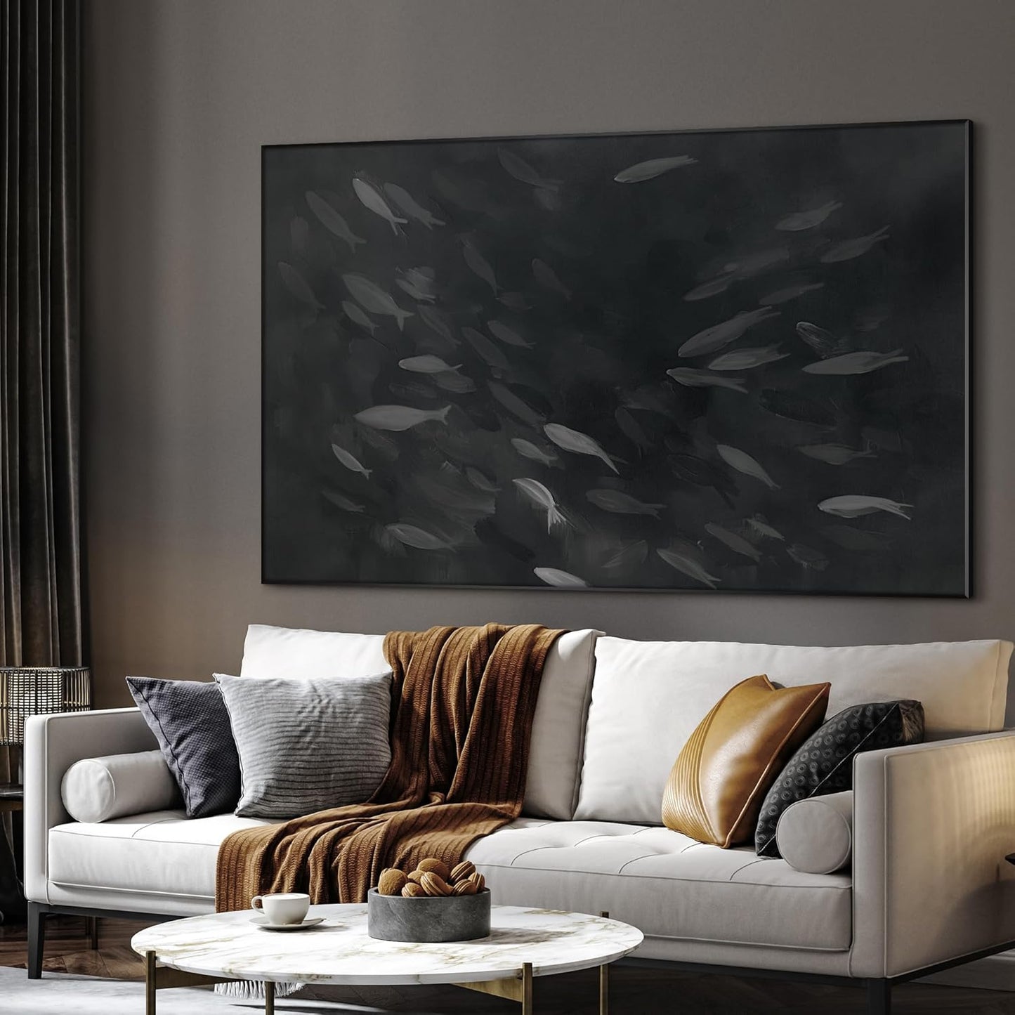 SIGNWIN 46"x72" Extra Large Framed Wall Art Monochrome Fish Silhouettes Illustration for Home Living Room Bedroom Decor (Frame Assembly Required)