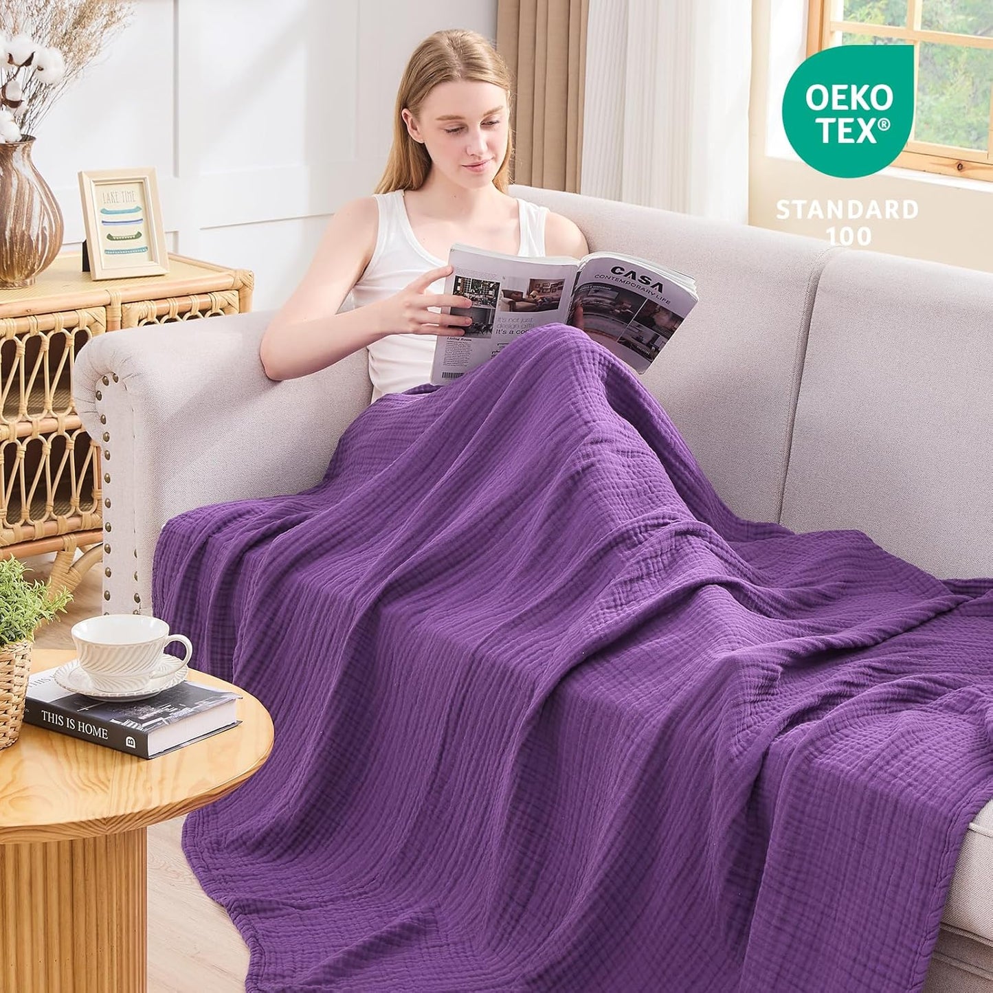 EMME Cotton Muslin Twin Blanket Breathable Gauze Blanket Soft Lightweight Blankets Adults Gifts for Women (Purple, 60"x80")