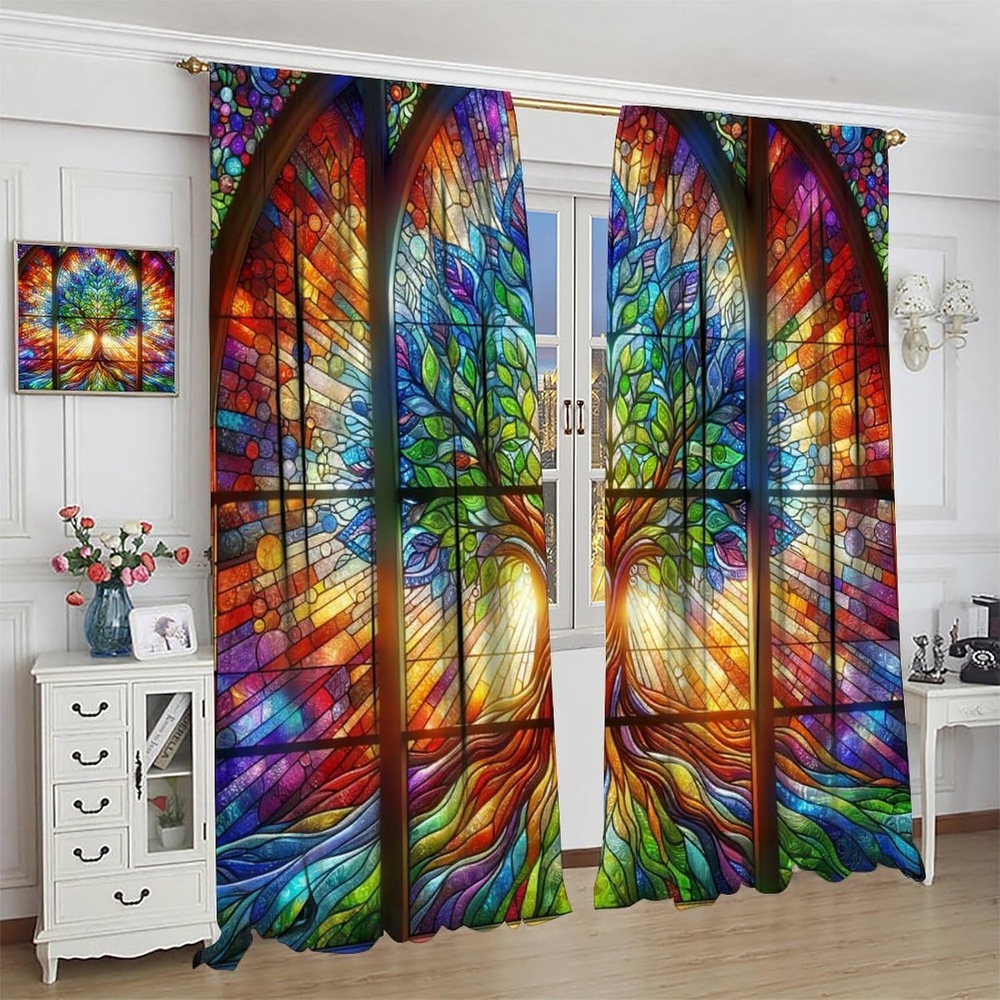 Stained Glass Curtains,Tree of Life Colorful Abstract Art Home Decor Drapes for Bedroom Living Room Kitchen Window Treatment 2 Panels Set Total Size 42" W X 54" L Inch