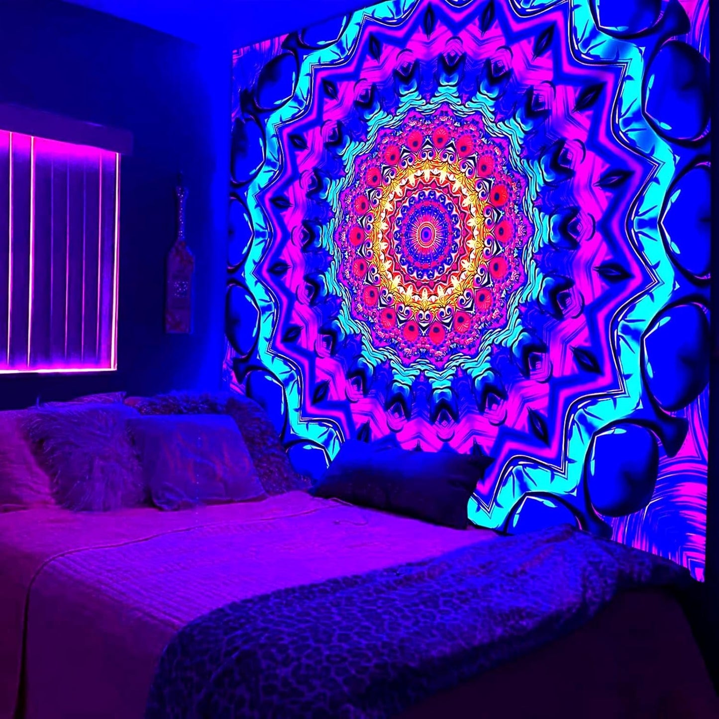 PSYHILAR Blacklight Mandala Tapestry for Bedroom, Black Light Posters for Adults and Teens, Colorful UV Reactive Aesthetic Bohemian Wall Art Decor (60 x 50 Inches)