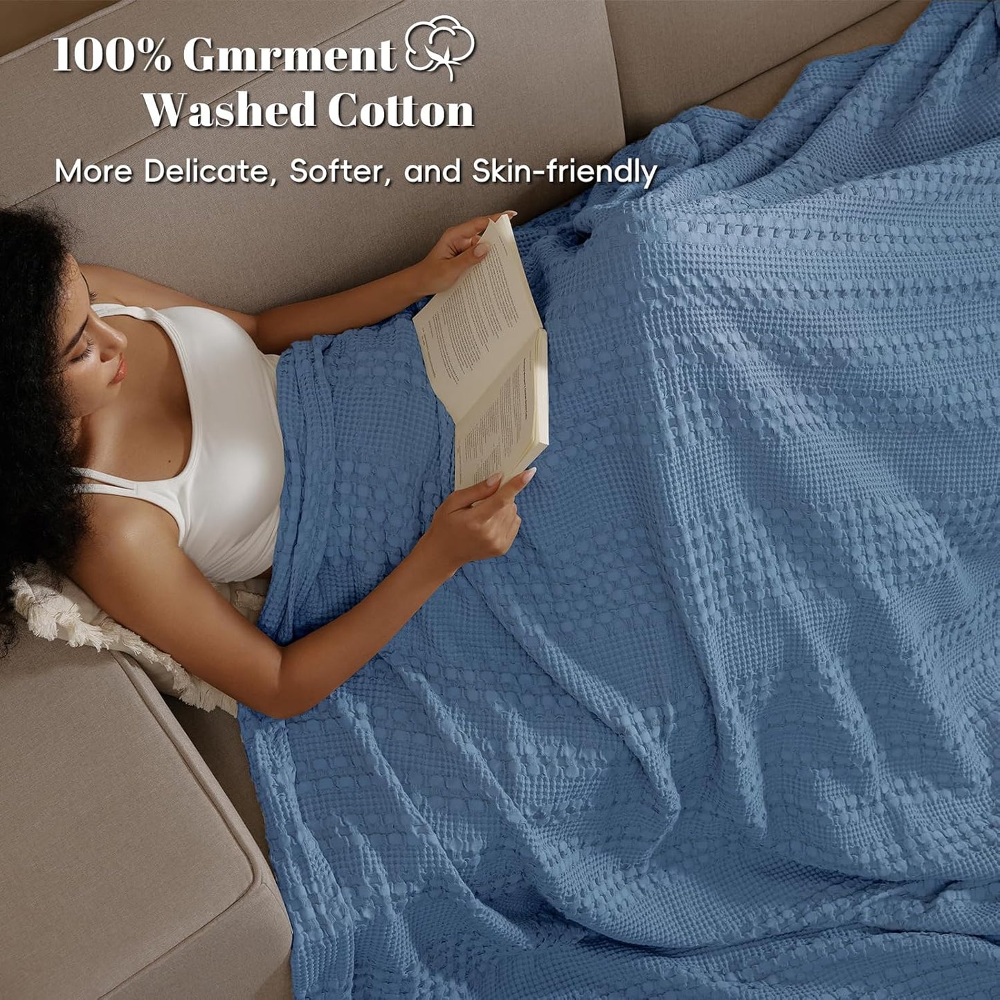 PHF 100% Cotton Waffle Weave Blanket King Size, Soft Lightweight Breathable Cozy Summer Blankets for Bed, Luxury Aesthetic Woven Bedding for Home Decor, 108"x90", Captain's Blue