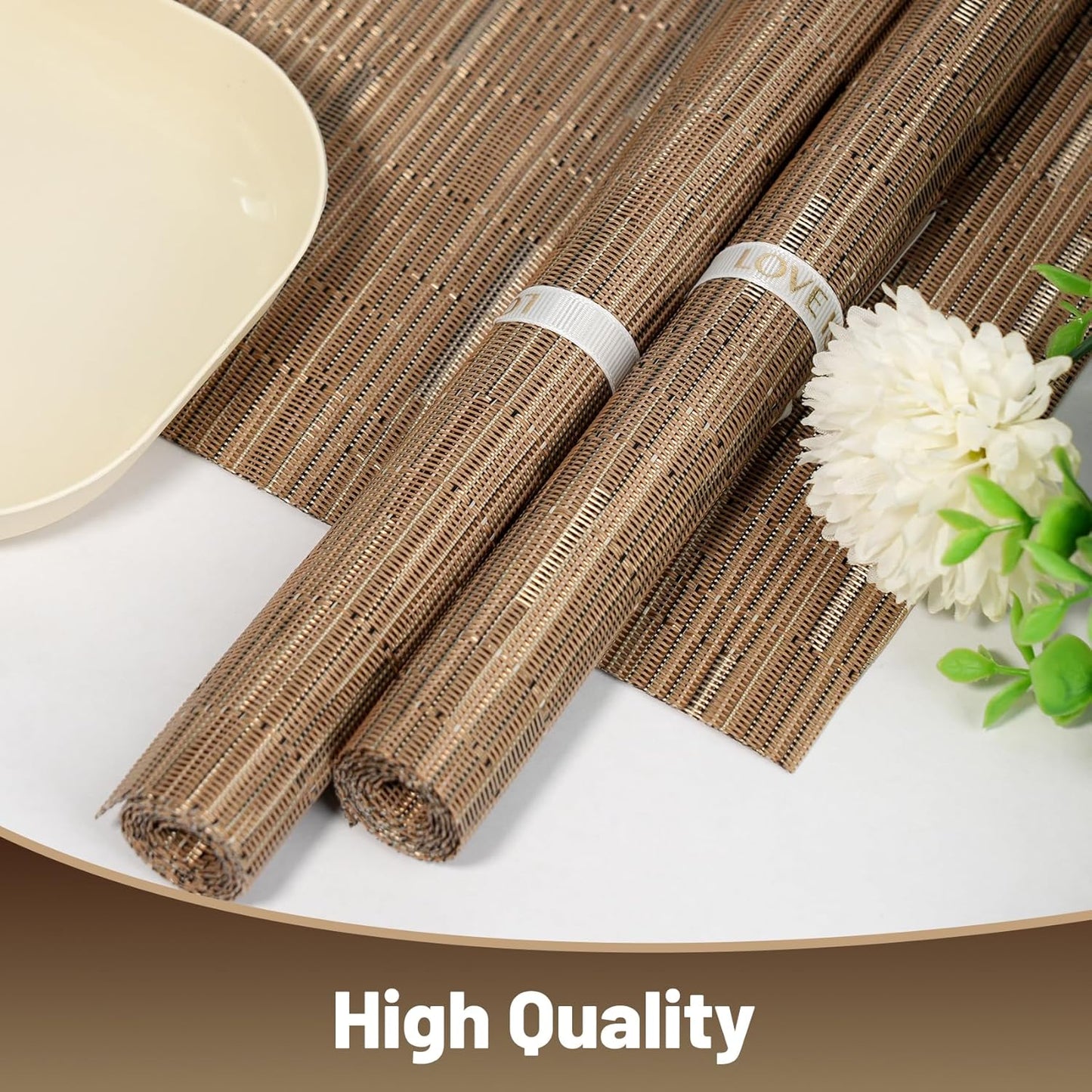 Placemats Set of 6，Non-Slip PVC Weave Table Mats Easy to Clean，Heat Resistant Place Mats for Kitchen Dining Table Decoration Indoor Outdoor，Light Brown