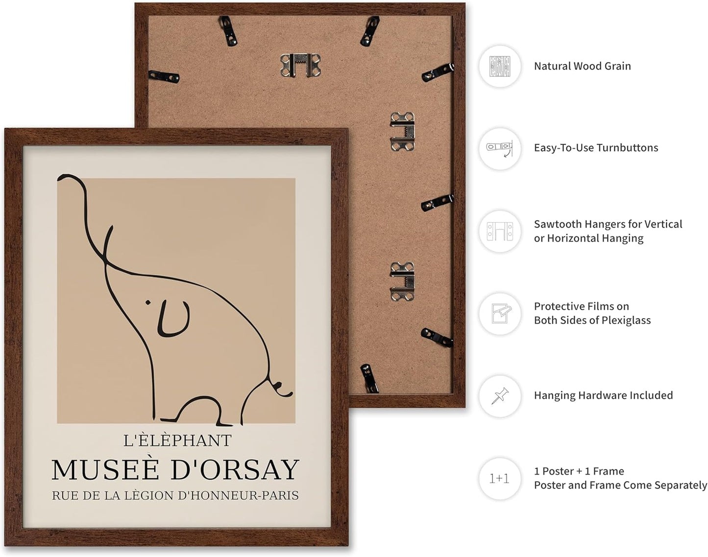 Poster Master Vintage Poster - Retro Minimalist Print - Gift for Artist, Housewarming - Elephant, Line Drawing, Sketch, Abstract - Wall Decor for Living Room, Bedroom, 16x20 Brown Framed