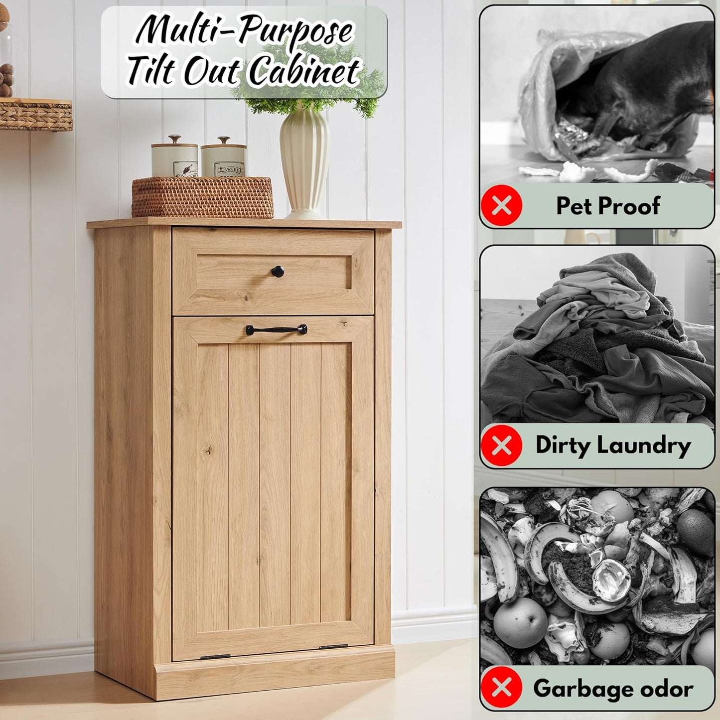 Tilt Out Laundry Hamper Cabinet, 10 Gallon Farmhouse Trash Can Cabinet with Drawer, Hidden Wood Garbage Can Bin Cabinets with Laundry Storage Basket for Bathroom, Kitchen, Natural