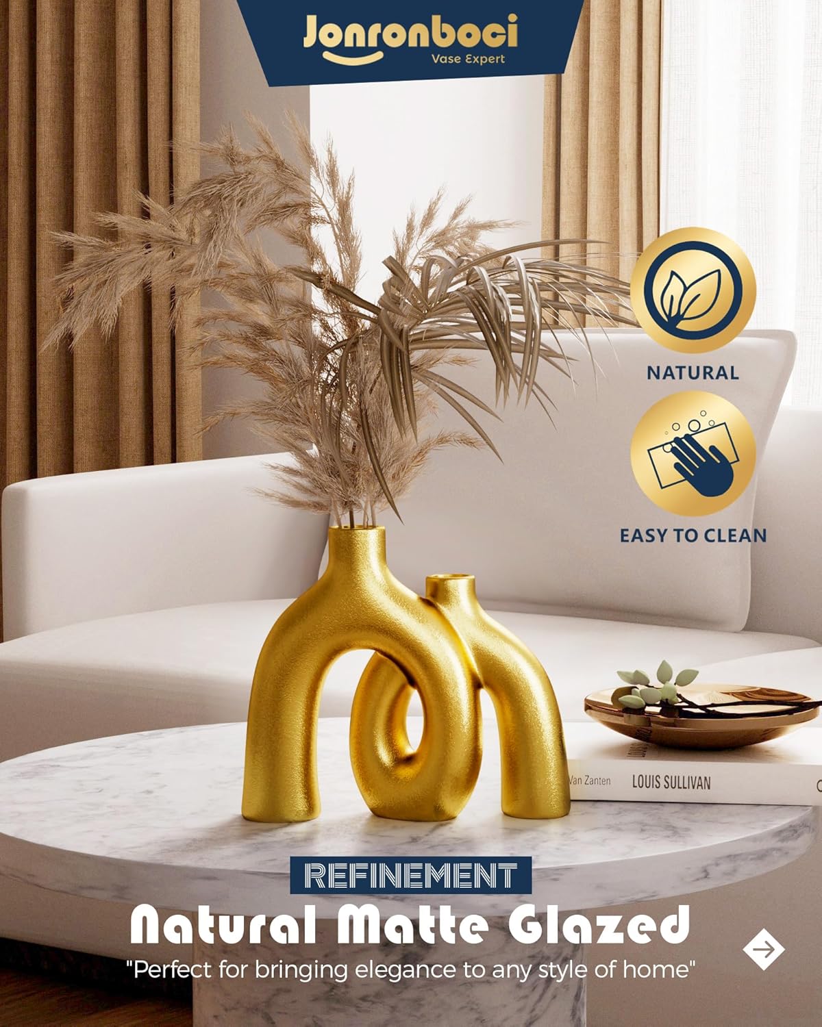 Hug Donut Decorative Vase Set - Golden Modern Classic Transitional Style Vases Home Decor, Matte Ceramic Decorations for Living Room Shelf, Bookshelf Mantle Entryway Table or Console Décor (Gold)