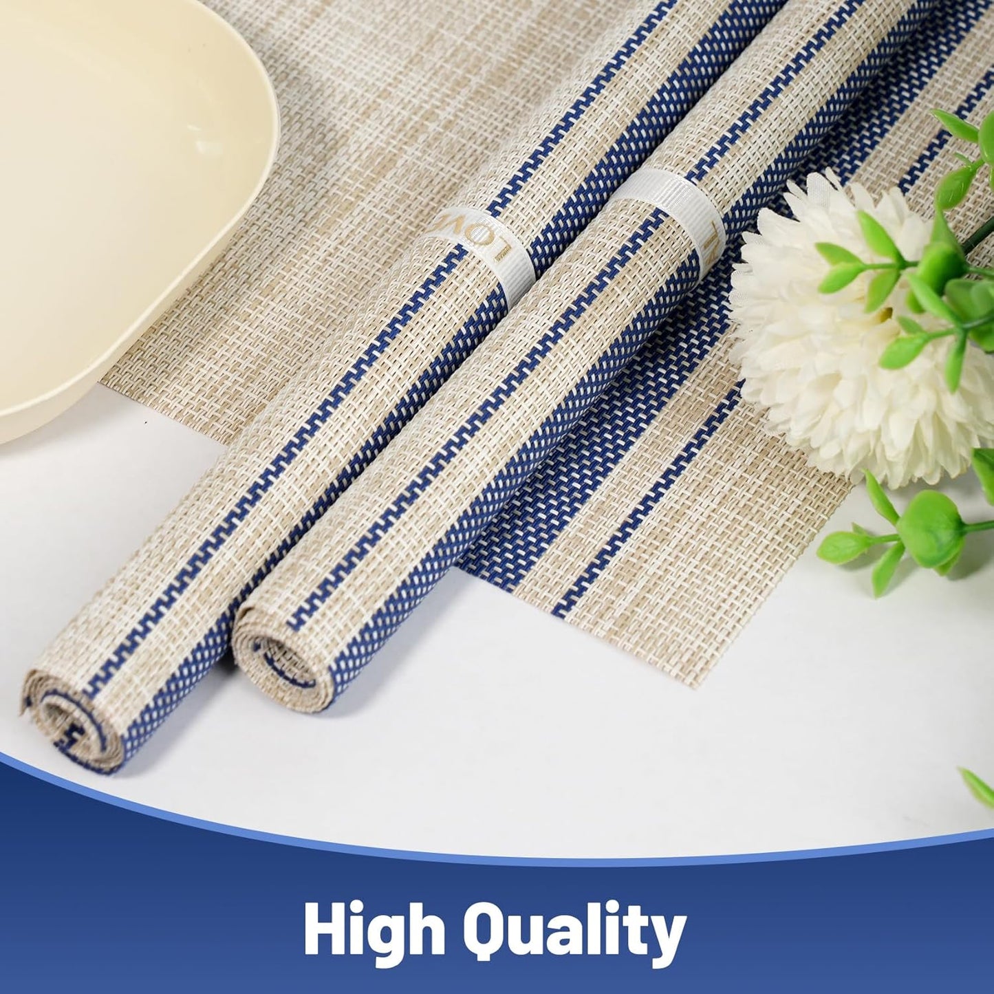 Placemats Set of 12，Non-Slip PVC Weave Table Mats Easy to Clean，Heat Resistant Place Mats for Kitchen Dining Table Decoration Indoor Outdoor，Khaki Blue