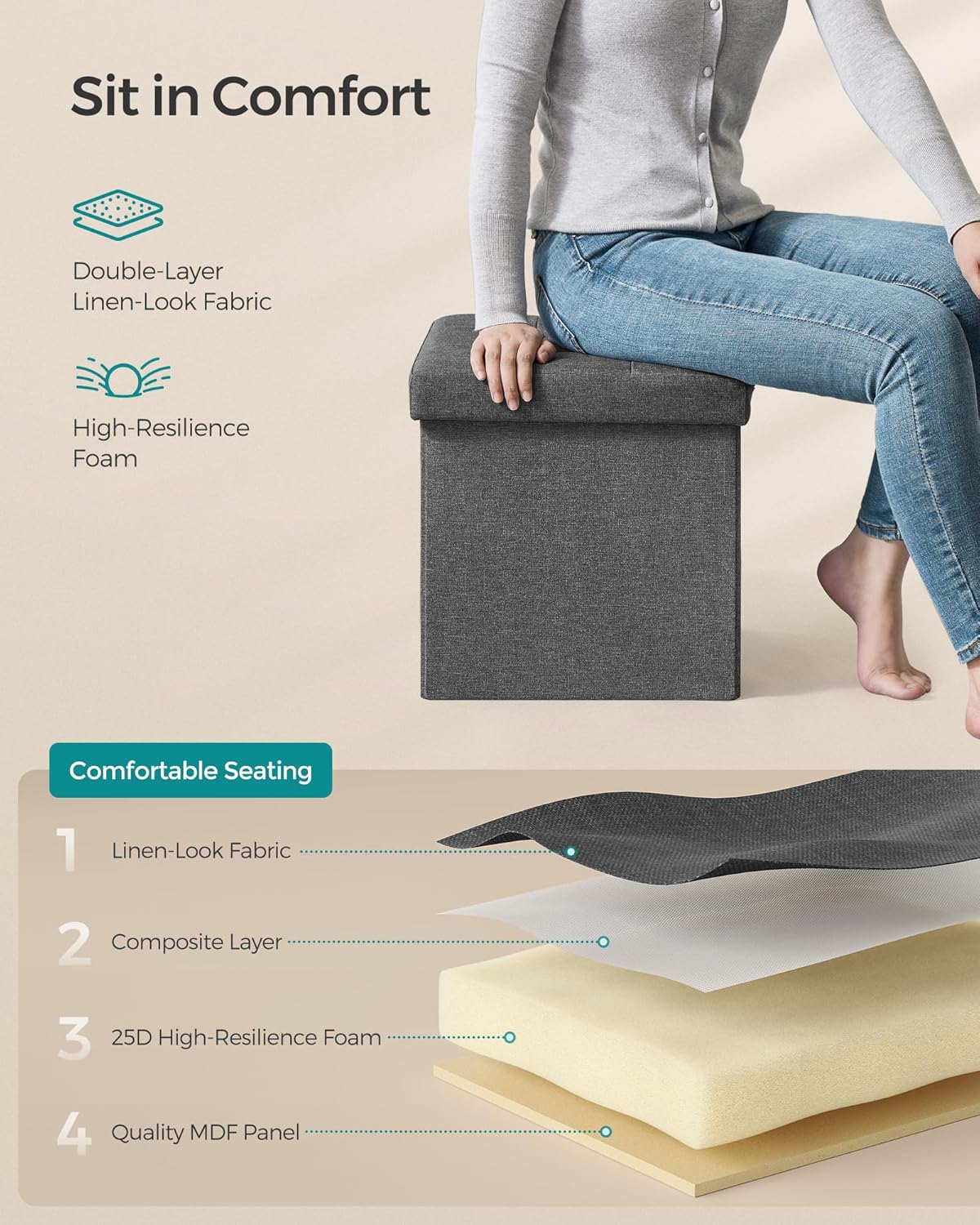 SONGMICS Folding Storage Ottoman Bench，38 x 38 x 38 cm， Ottoman Foot Rest, End of Bed Bench, Storage Chest, Load 300 kg, for Living Room, Bedroom, Entryway, Dorm, Dark Gray ULSF27Z