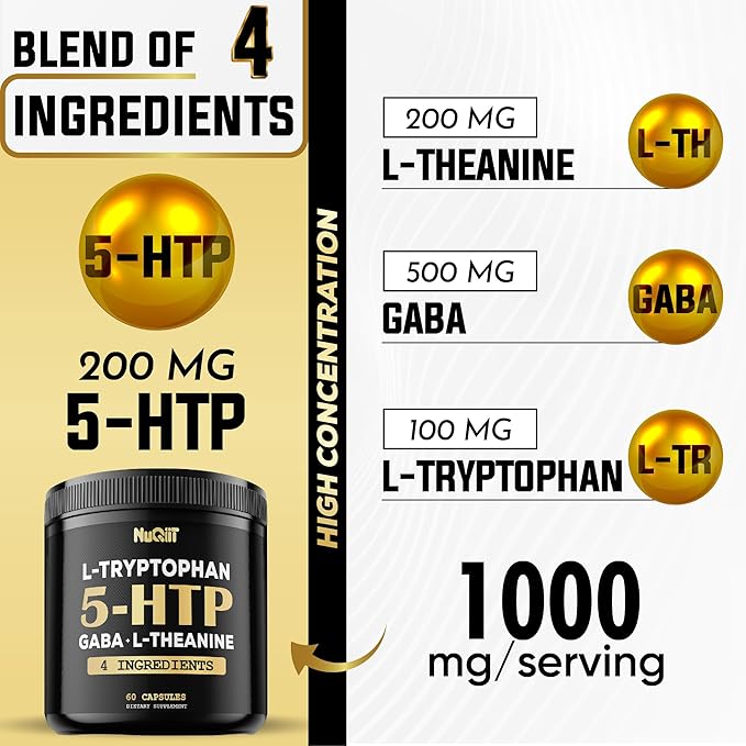 5 HTP 200mg GABA 500mg L-Theanine 200mg L-Tryptophan 100mg Supplement - Support Brain, Circulation Health, Concentration & Rest Well - 60 Capsules for 1 Month - 4in1 Premium Blend