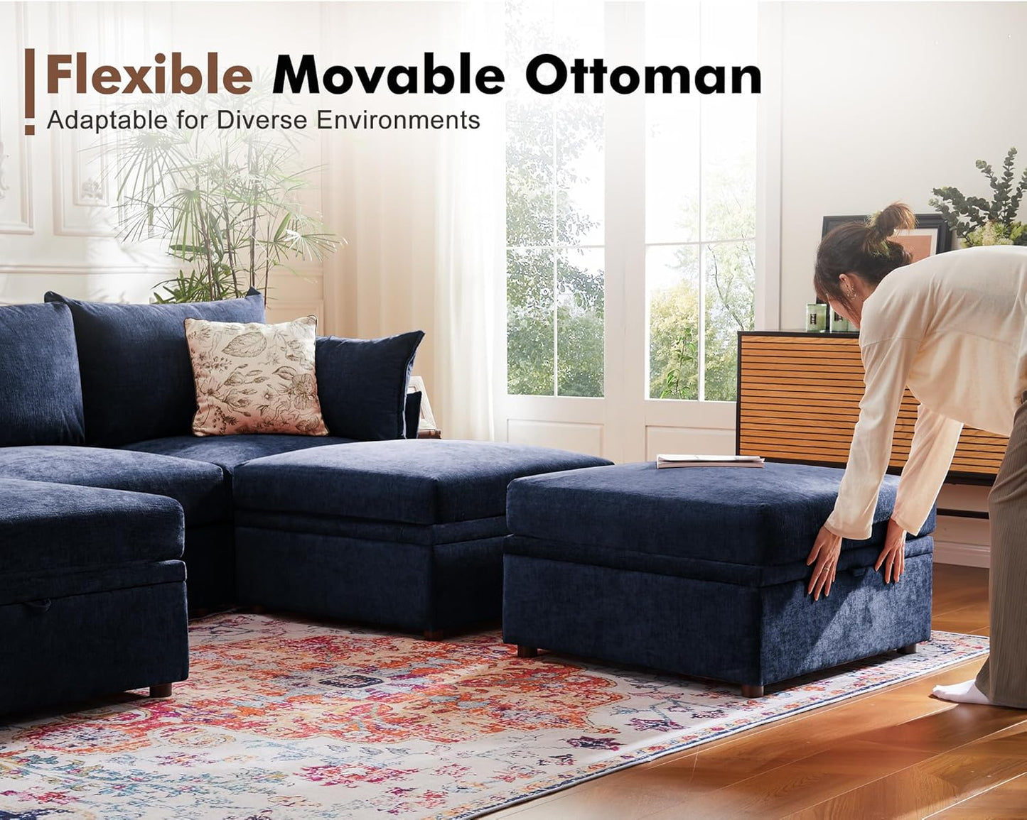 102.6" U Shaped Modular Sectional Sofa, 5 Seater Couch with Storage Ottoman Deep Seat and High Backrest with Removable Cover for Living Room, Apartment - Chenille Blue