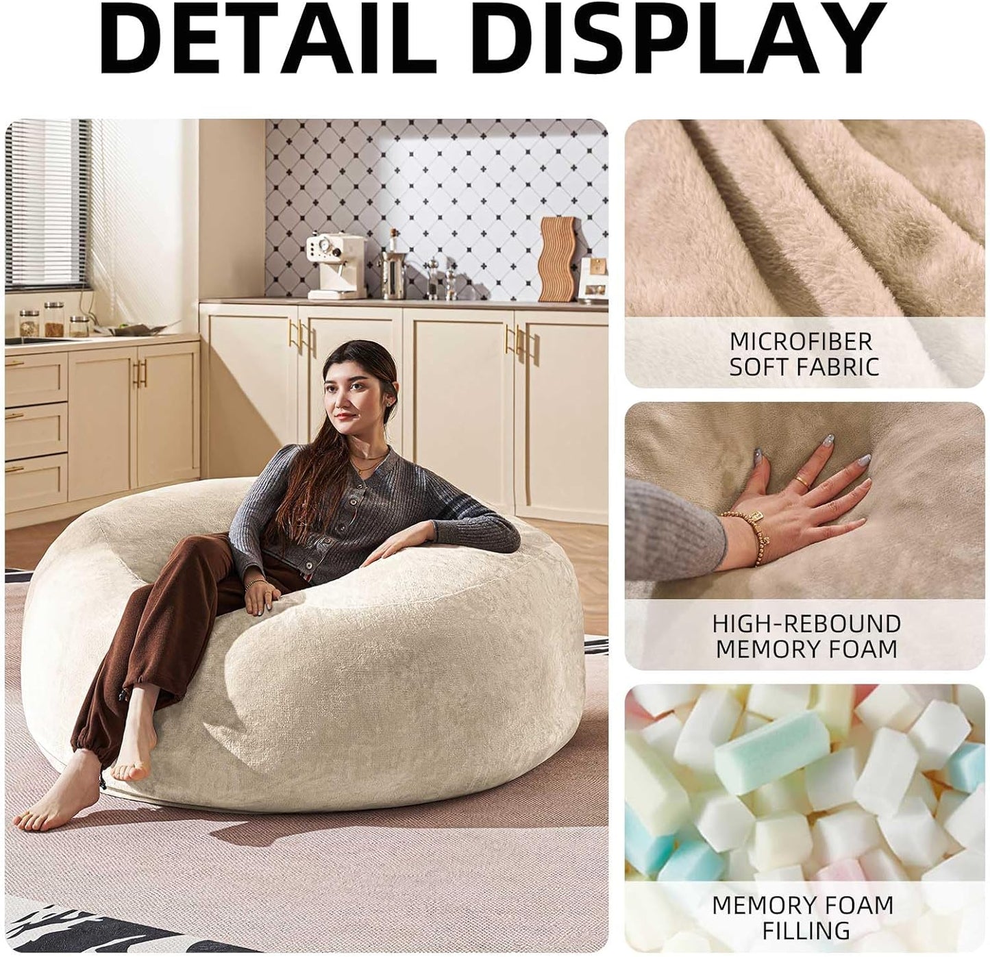 Bean Bag Chair 5Ft, Memory Foam Filled, Large Beanbag Chairs for Adults and Teens, Soft Sofa with Removable Flannel Cover, Round Couch for Living Room Bedroom College Dorm (Apricot, 5FT-60×60"×24")