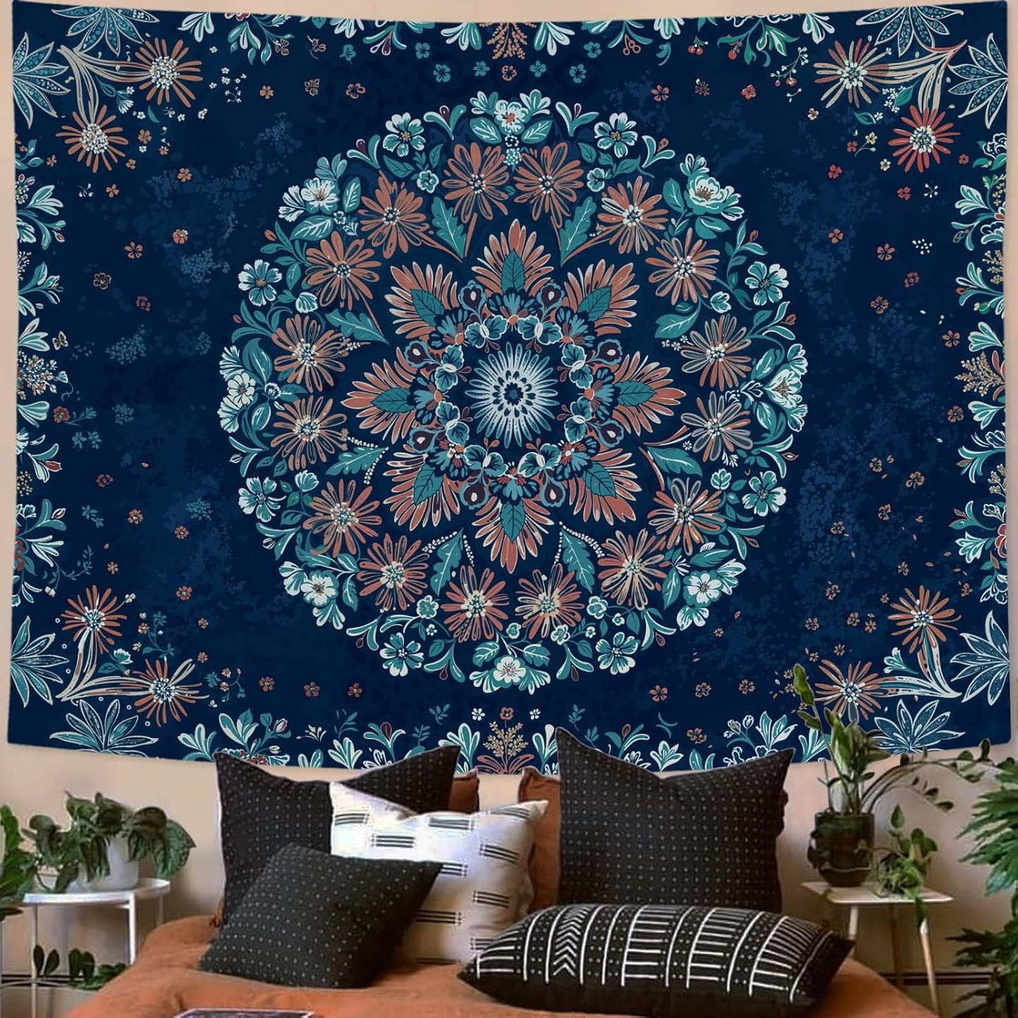 Fowocu Boho Floral Mandala Tapestry Wall Hanging Blue Bohemian Flower Medallion Tapestry Aesthetic Vintage Navy Hippie Indian Small Tapestries for Bedroom Living Room Dorm Decor 60 x 44 Inch