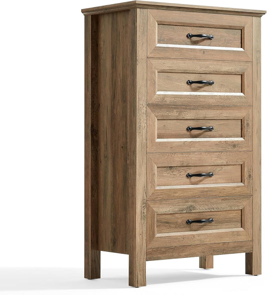 LINSY HOME 5 Drawers Dresser for Bedroom, Wood Tall Chest of Drawer with Metal Handle, Modern Farmhouse Dressers with Storage Organizer for Closet, Living Room, Hallway, Rustic Brown
