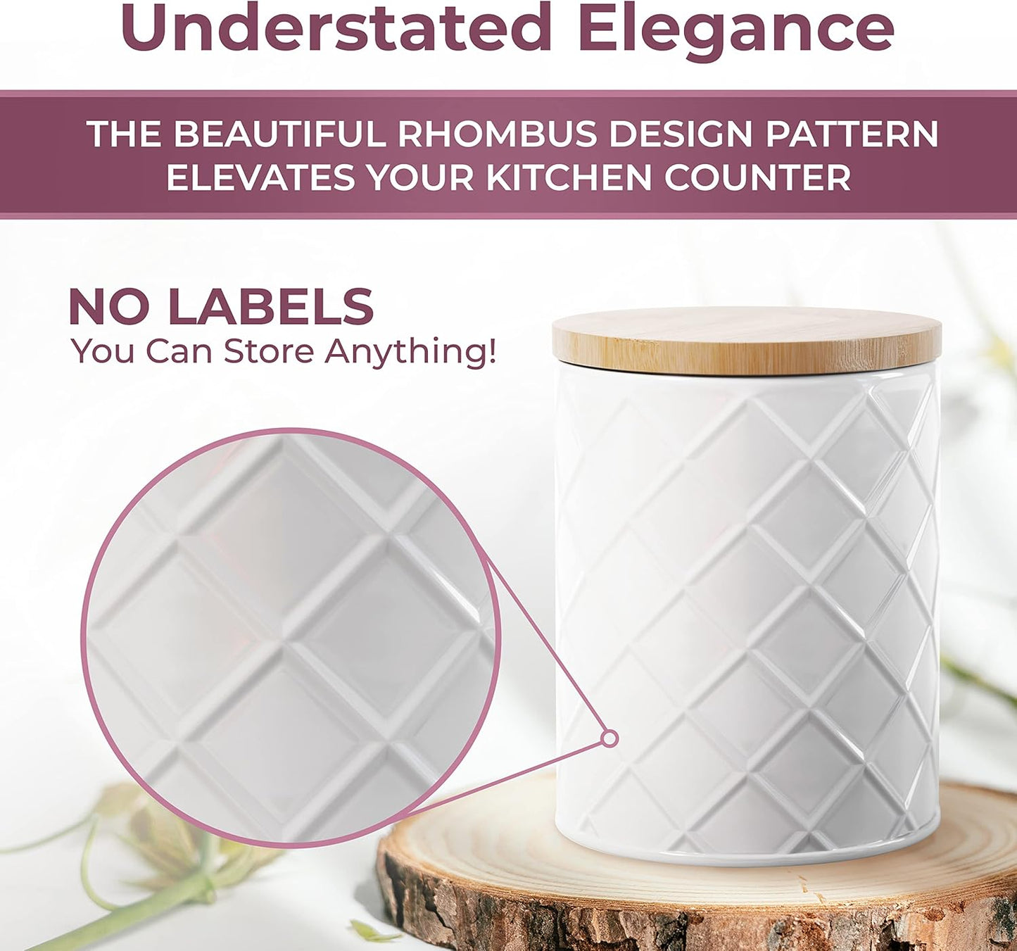 Pebble & Stem® White Metal Canister Set for the Kitchen Counter, Food Canister Set of 4, Airtight Lids, Sugar and Flour Containers for Countertops, Coffee and Tea Storage, Farmhouse Decor