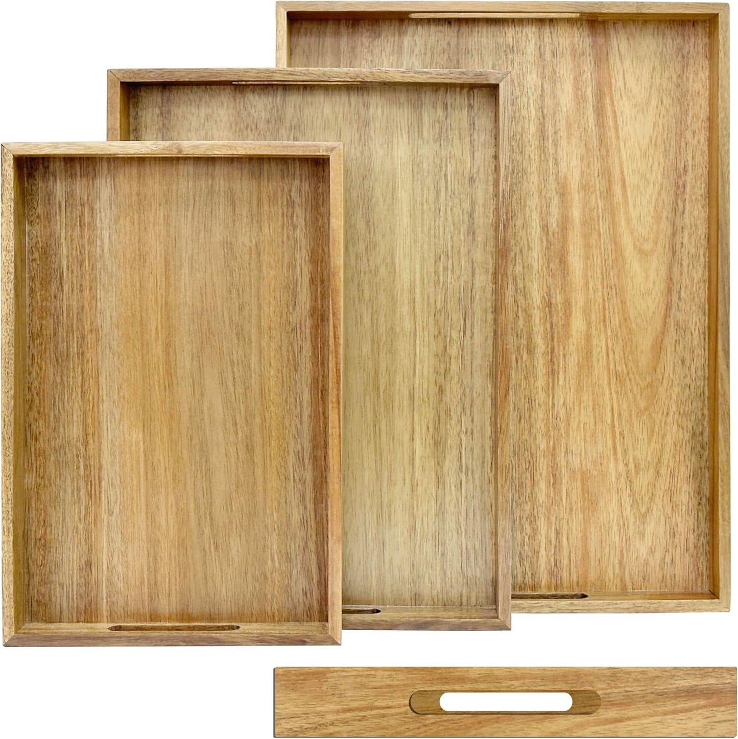 3 Pack Acacia Wood Serving Tray with Handles, Decorative Serving Trays Platter for Breakfast in Bed, Lunch, Dinner, Patio, Ottoman, Coffee Table, BBQ, Party, Great for Lap &Couch (Set of 3)