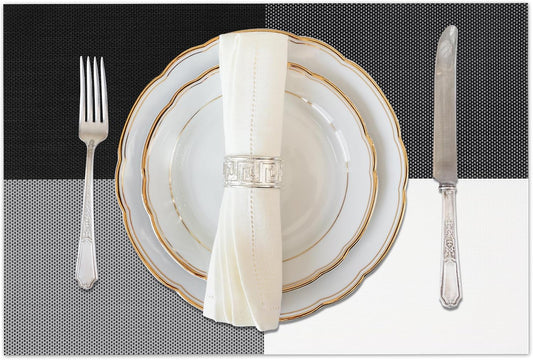 Vinyl Plastic Placemats Set of 4 Washable Heat Resistant Non-Slip Elegant Indoor Outdoor Kitchen Dining PVC Woven Table Place Mats (Black White Lattice Block)