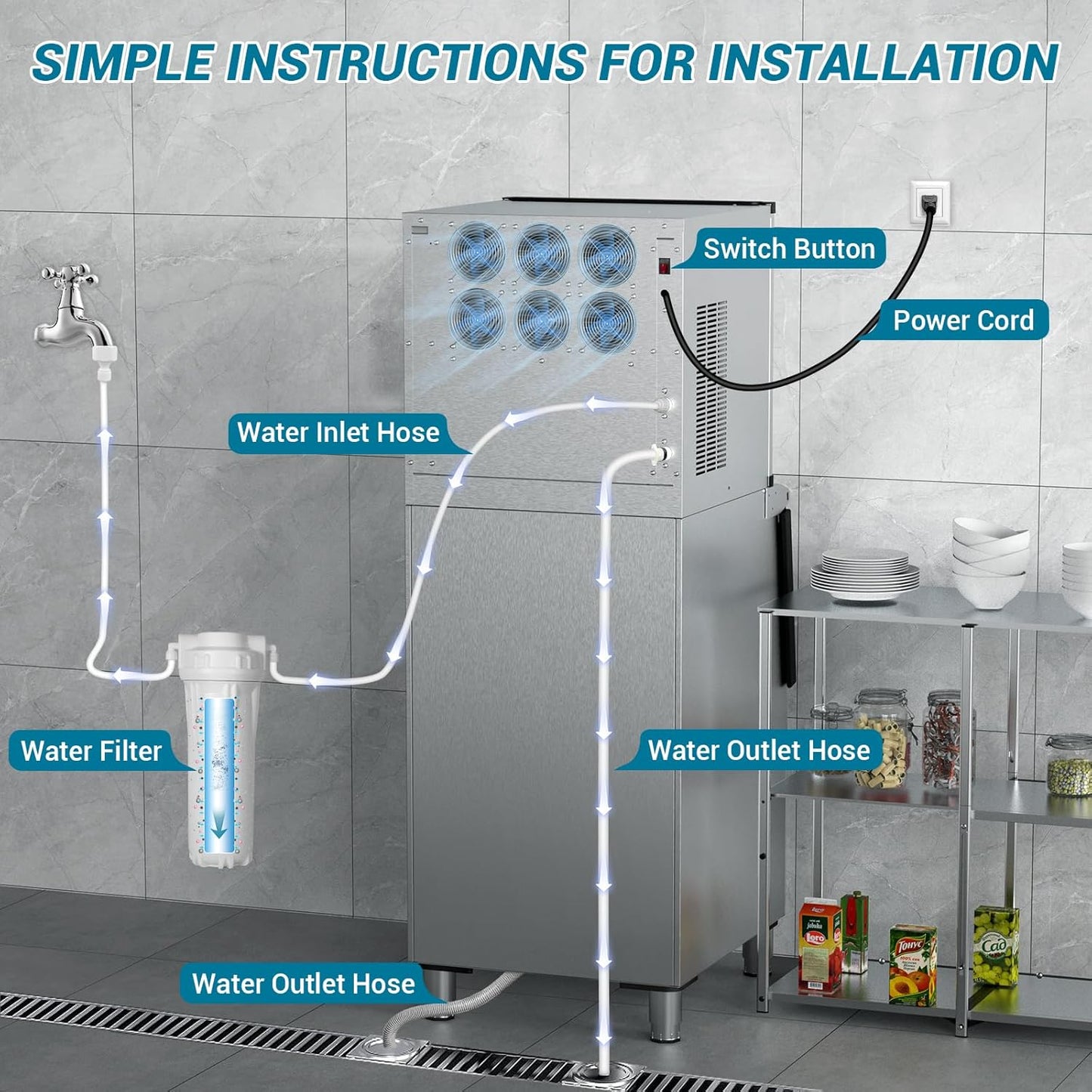 Large Commercial Ice Maker Machine: 500lbs/24H Production, with 350lbs Ice Storage Bucket, 156 Ice Cubes in 6-15 Mins - Stainless Steel Industrial Ice Maker for Restaurant, Bar, Cafe, Commercial Use