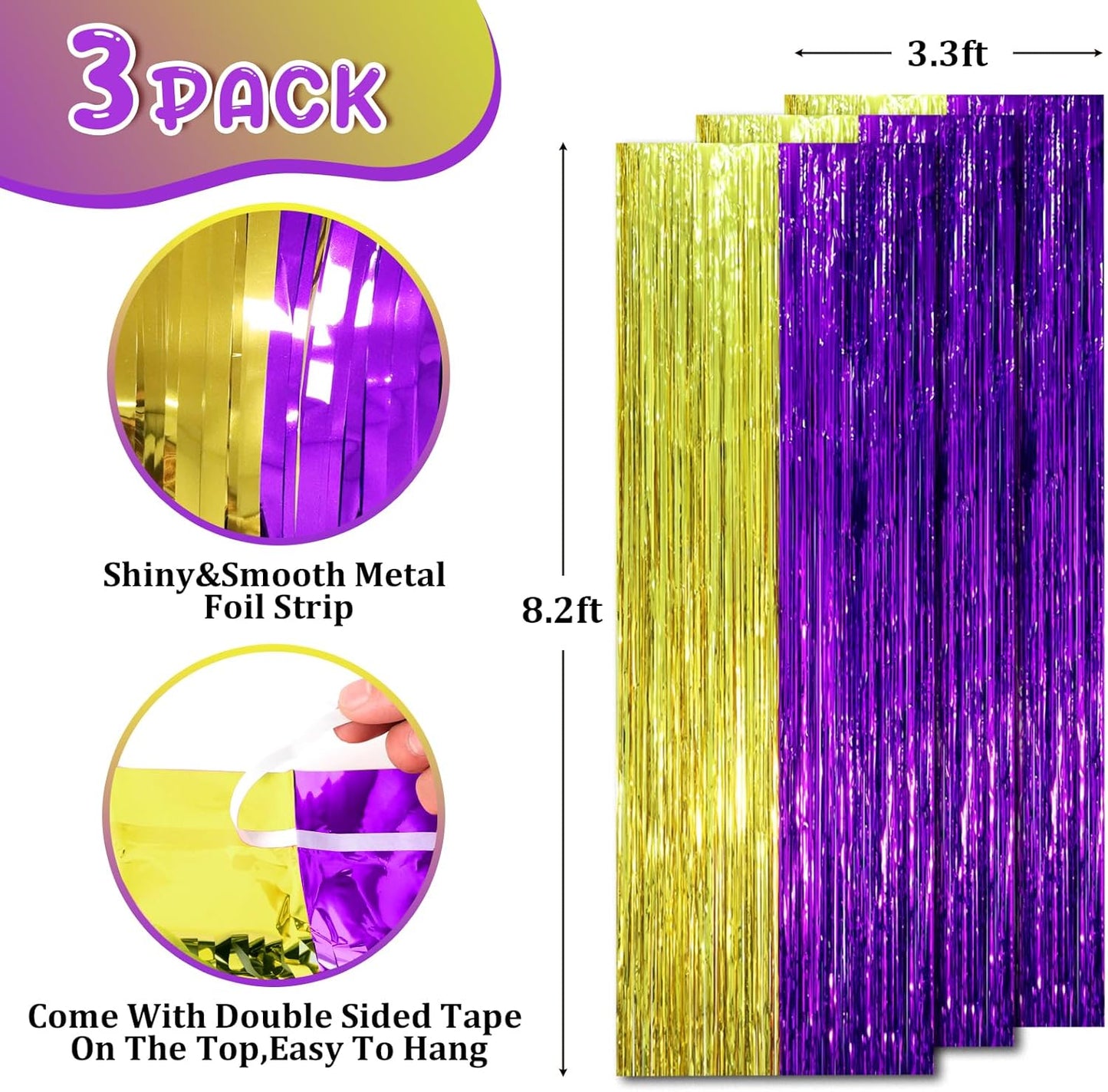 3 Pack 3.3 x 8.2 ft Purple and Gold Foil Fringe Backdrop Curtains, Tinsel Streamers Party Decorations, Fringe Backdrop, Door Shimmer for Graduation or Birthday Party