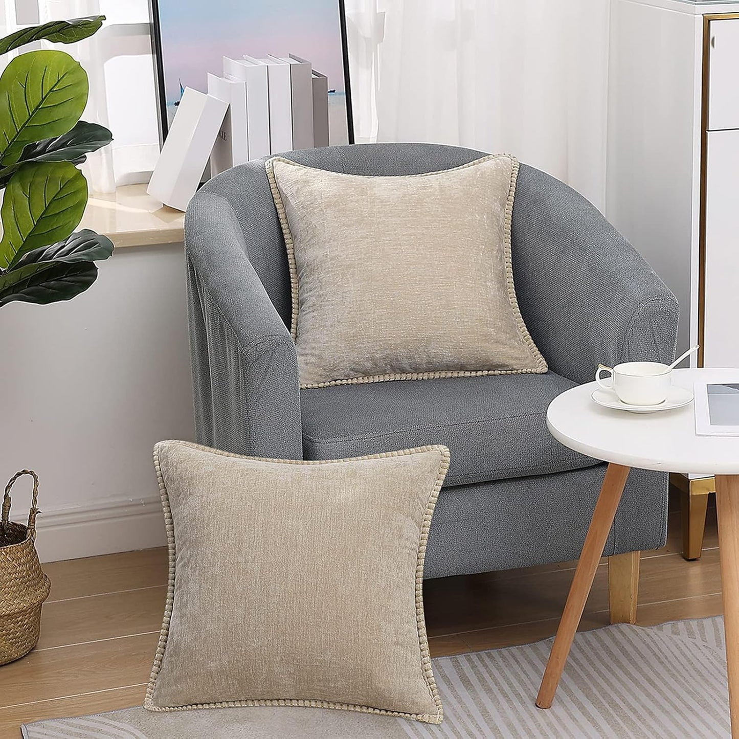 decorUhome Chenille Soft Throw Pillow Covers 26x26 Set of 2, Farmhouse Velvet Neutral Decorative Euro Pillow Covers with Stitched Edge for Couch Sofa Bed Home Decor, Beige