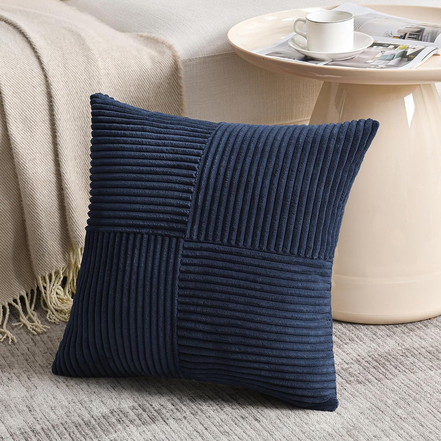 Fancy Homi 2 Packs Navy Blue Decorative Throw Pillow Covers 16x16 Inch for Living Room Couch Bed, Rustic Farmhouse Boho Home Decor, Soft Corss Patchwork Corduroy Textured Square Cushion Case 40x40 cm