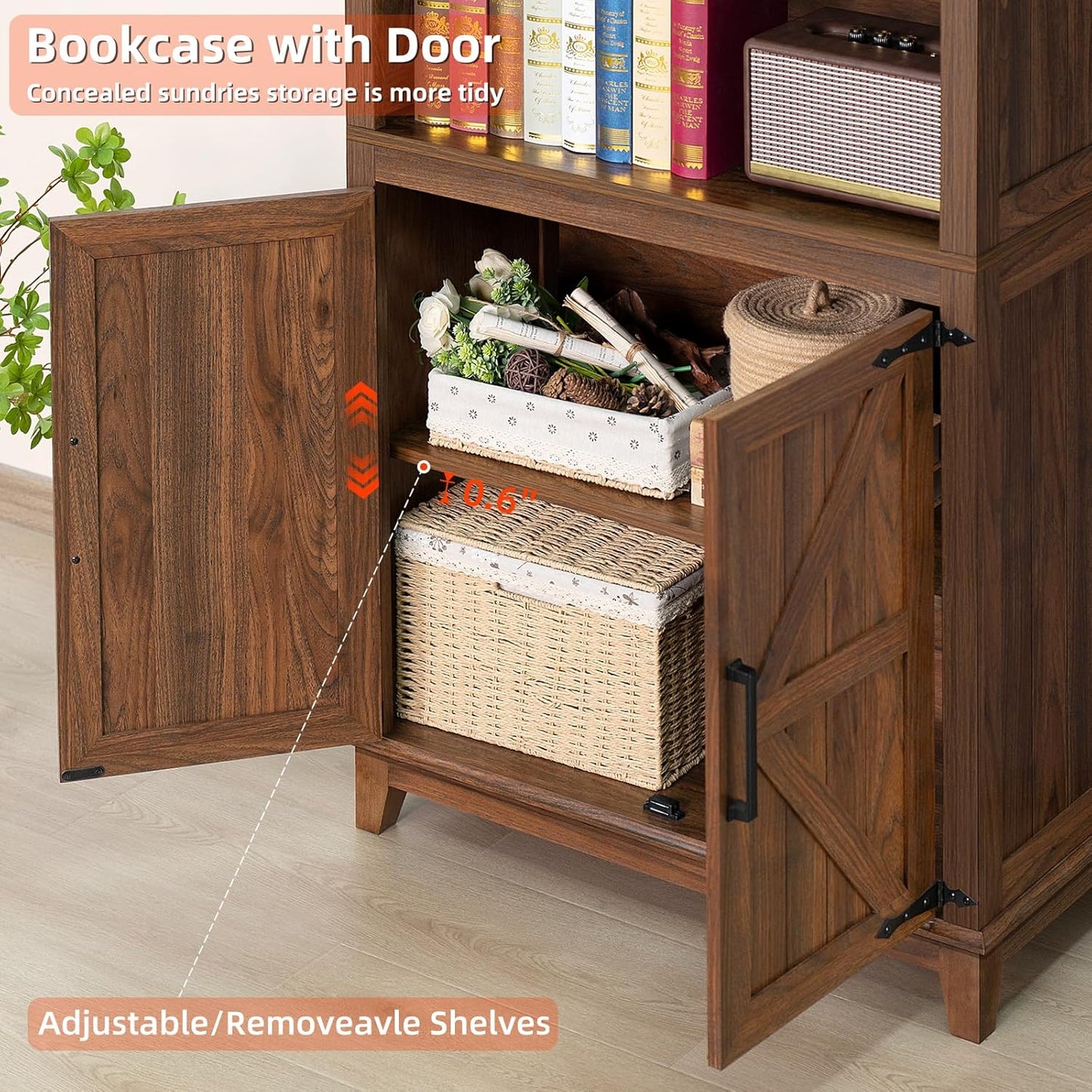 70in Tall Bookshelf 5 Tier Bookcase with Barn Doors and Adjustable Shelves, Brown Farmhouse Book Shelf with Storage Cabinet, Wood Freestanding Display Bookshelves for Bedroom, Living Room