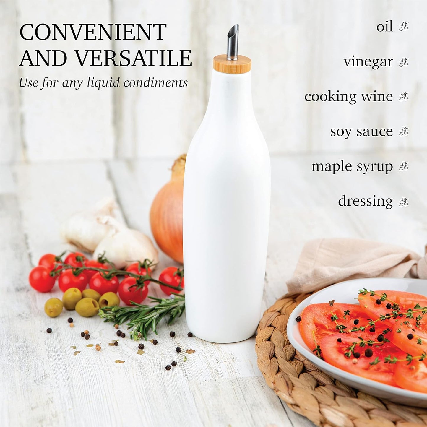 kitchentoolz Ceramic Olive Oil Dispenser Bottle - Vinegar EVOO Soy Sauce Holder - Minimalist White Kitchen Accessories - 16.9 oz Kitchen Oil Cruet Pour Bottle