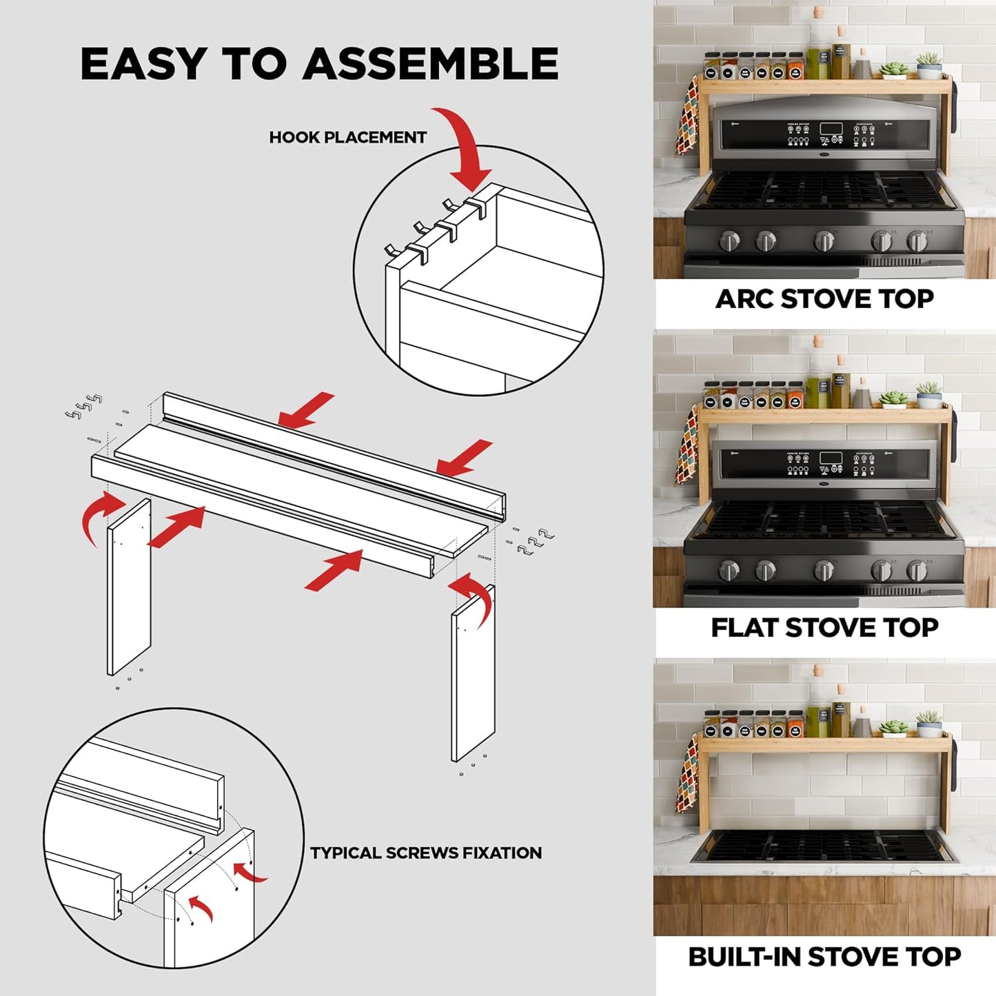 Edgecrest Bamboo Over The Stove or Sink Modern Spice Shelf, No Annoying Middle Screw, 31.5” Wide Storage, 11.4” High Countertop Shelf, 6 Side Hooks, Easy to Assemble, Eco-Friendly Durable Material