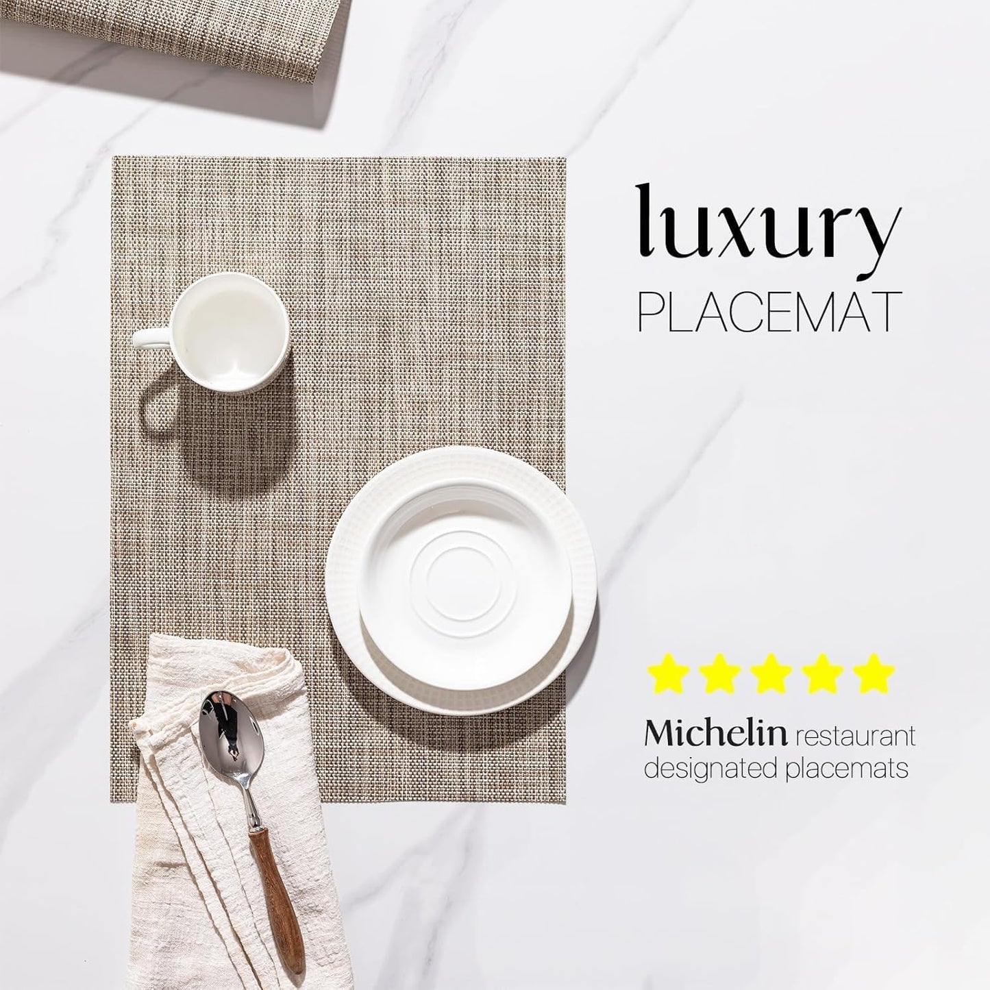 LEXMORE Placemats Set of 12 Vinyl/Plastic Woven Place Mats for Kitchen Table Indoor/Outdoor Washable Placemat Wipeable Dining Table Mats(A-Caramel)