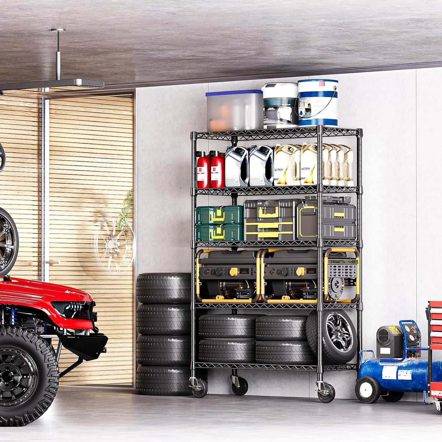 IZEUK 5-Tier Storage Shelving Unit with Wheels, Adjustable Heavy Duty Steel Wire Rack Organizer (Black, 17.7" D x 47.2" W x 76.7" H, 1750 lbs Capacity) for Garage, Kitchen, Office, Laundry, Basement