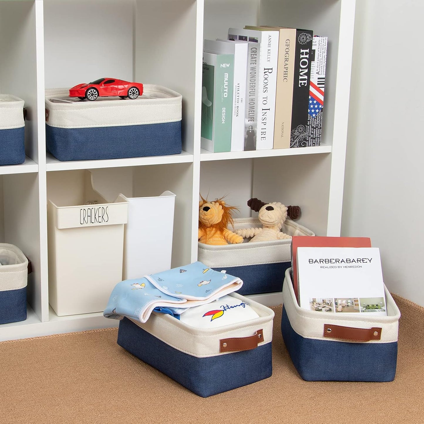 DULLEMELO Set of 6 Small Baskets for Organizing, Small Fabric Storage Bins for Toys Storage, Collapsible Storage Bins with Leather Handles for Shelves, Closets, Laundry, Nursery(White&Blue)