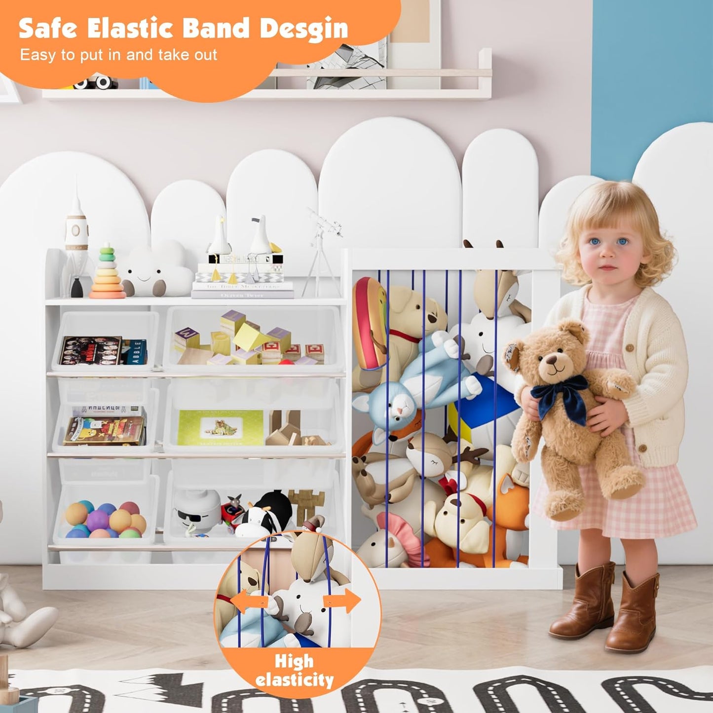 Kids Toy Storage Organizer with 3 Removable Plastic Bins Toddler Montessori Bookshelf with Stuffed Animal Net Holder Baby Bookcase Plush Organizer for Playroom, Bedroom,Kids Room,Classroom,Nursery