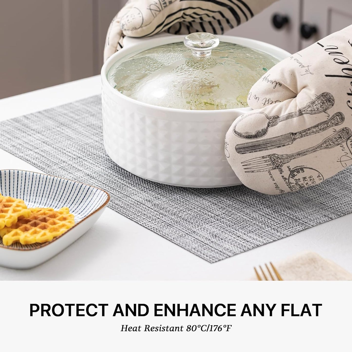 LEXMORE PlaceMats Set of 12 Vinyl/Plastic Woven Place Mats for Kitchen Table Indoor/Outdoor Washable PlaceMat Wipeable Dining Table Mats(Gray)