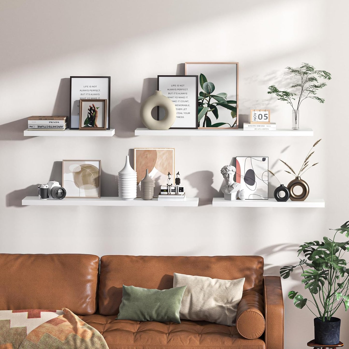 Fun Memories Farmhouse Floating Shelves - 8 Inch Deep Rustic Wood Wall Shelf - Premium Solid Pine Wood Storage Shelf for Kitchen Living Room Bedroom - 30" W x 8" D - Set of 2 - White