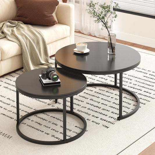 Coffee Tables for Living Room, Black Modern Decorative Coffee Center Table Set of 2, Sintered Stone Top & Sturdy Metal Base,for Living Room, Bedroom, Apartment