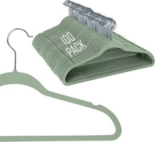 Simplify Slim Velvet Clothes Hangers | 100 Pack | Non-Slip | Shirts | Suit | Pants | Dresses | Garments | Closet Storage & Organization | Durable | Sage