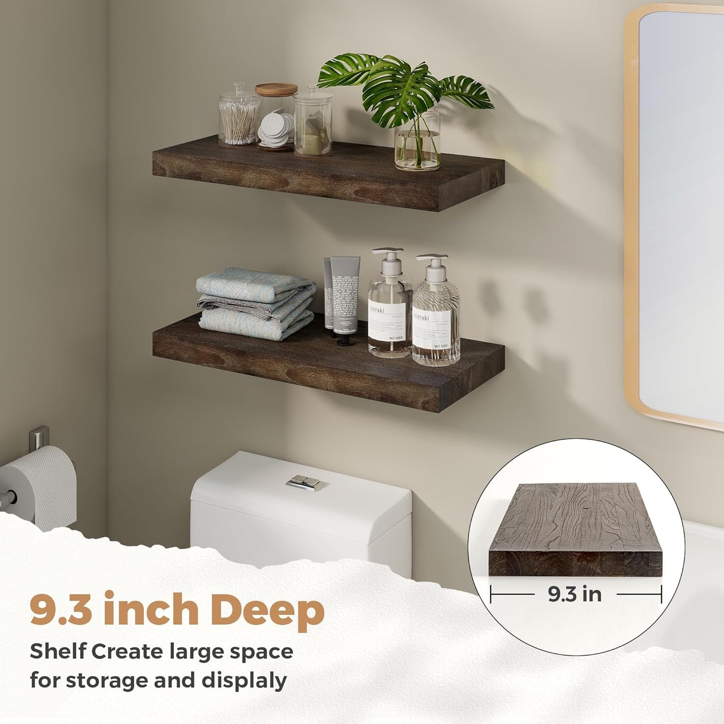 RICHFOCUS Elm Floating Shelves for Wall - 24" W x 9.3" D Rustic Solid Wood Shelves with Invisible Bracket, Wall-Mounted for Living Room, Bedroom, Kitchen Storage & Display, Set of 2, Walnut