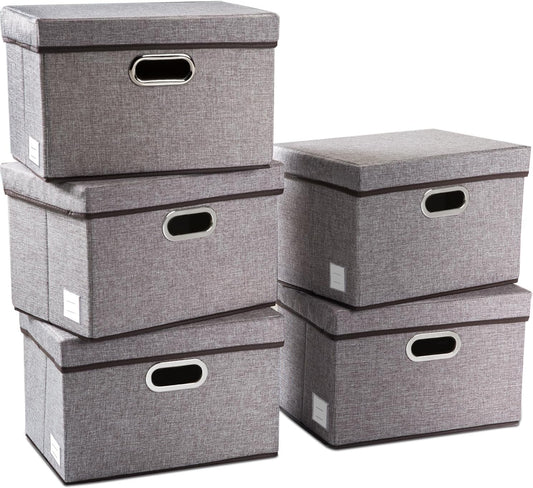 PRANDOM Collapsible Storage Containers with Lids [5-Pack] Linen Fabric Foldable Storage Bins Boxes Organizer Baskets Cube with Cover for Home Bedroom Closet Office Nursery (14.9x9.8x9.8)