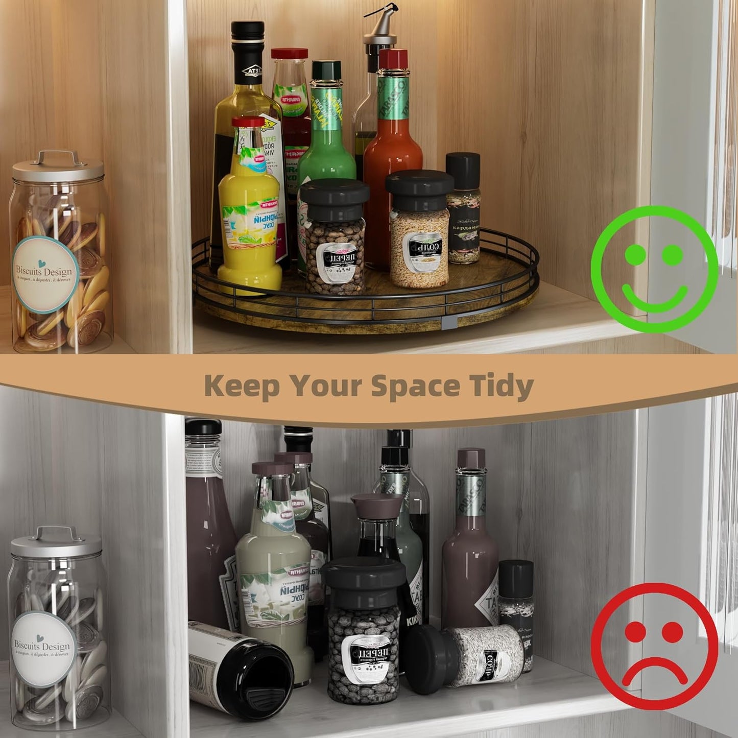 Lazy Susan Turntable Organizer for Table Top, 13’’ Round Wooden Lazy Susan for Cabinet Kitchen Countertop Pantry Dining Coffee Table for Condiments Spices, Rustic Bathroom Vanity Tray for Soap Candle