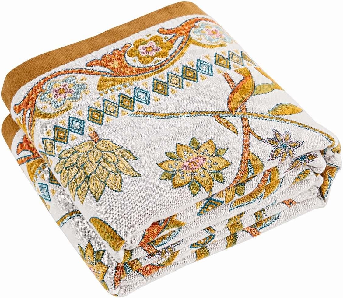 Fall Throw Blanket for Couch, Brown Boho Decorative Throw Blanket, 100% Cotton Muslin Breathable Woven Farmhouse Blankets Quilt, 50"x60" Reversible Lightweight Blankets Bohemian Throw Quilt