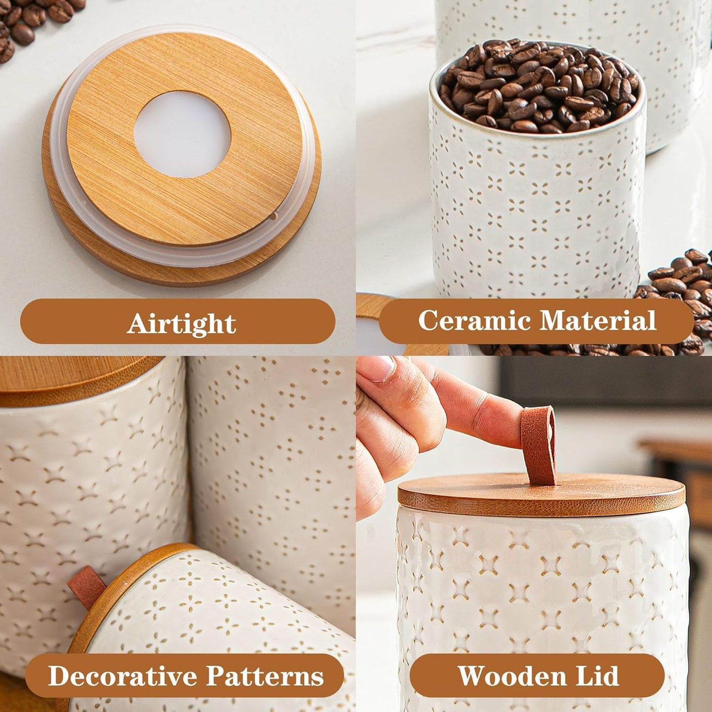 JOJUNO White Ceramic Canister Set with Wooden Lids – 3-Piece Airtight Food Storage Jars for Kitchen, Embossed Design, Small/Medium/Large Sizes (12/30/48 oz) – Flour, Sugar, Coffee, Tea Containers