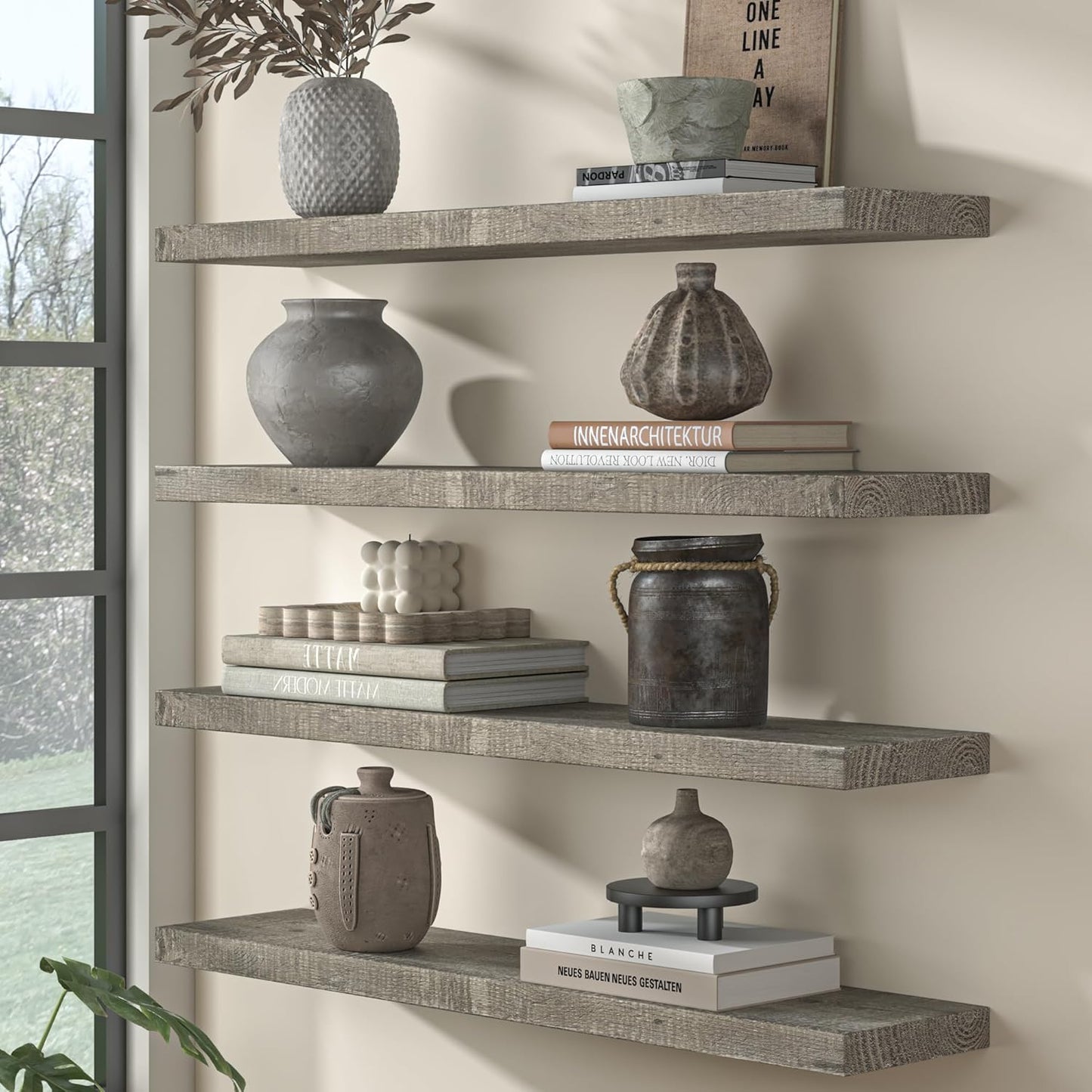 Fun Memories Floating Shelves for Wall Decor, 36"x8" Rustic Reclaimed Wood Shelves, Heavy-Duty Wall Mounted Shelves with Invisible Brackets, Set of 2for Living Room, Bedroom, Kitchen, Grey Finish